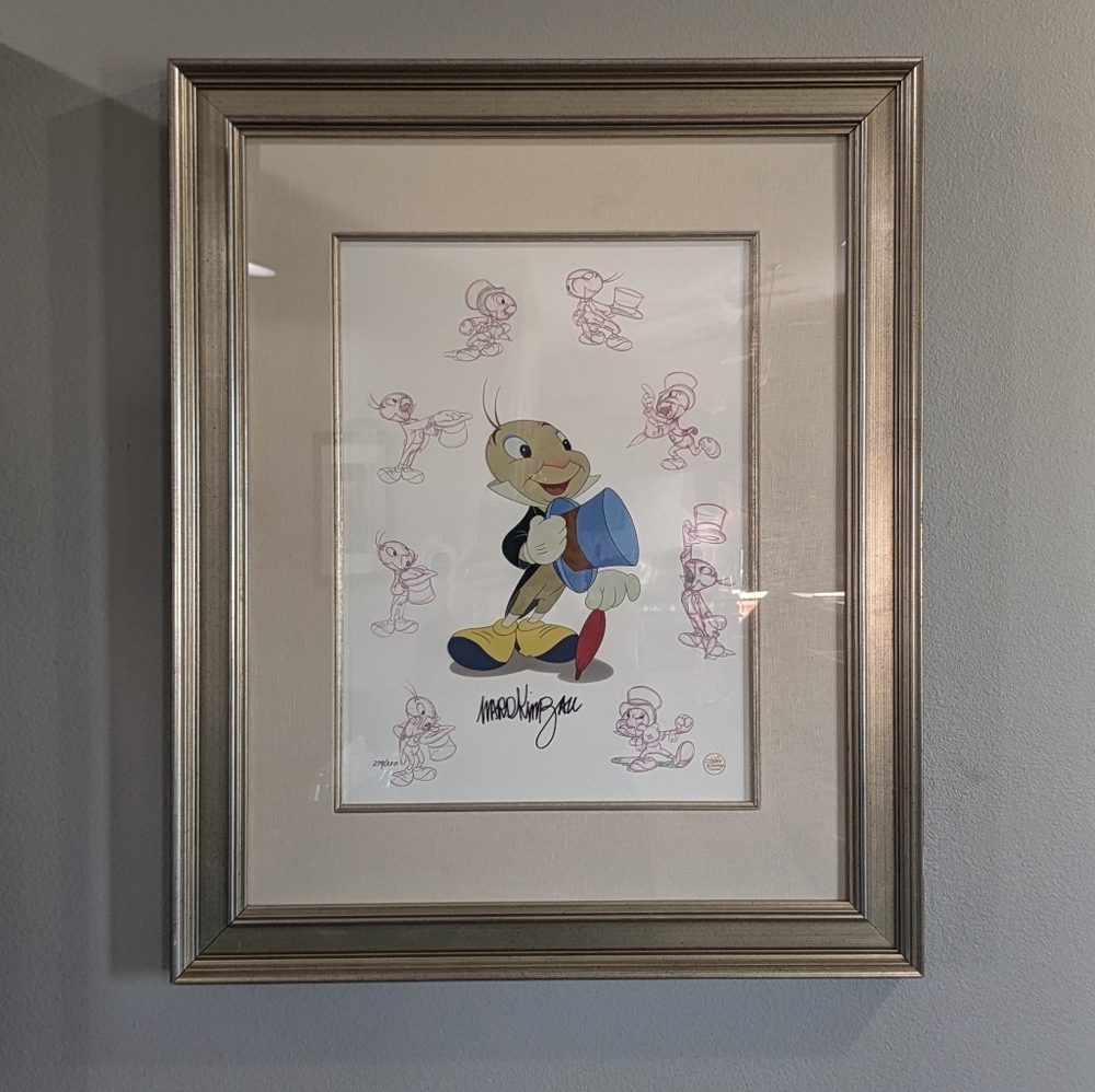 Framed Jiminy Cricket Animation Art. MASTERS CEL. SIGNED